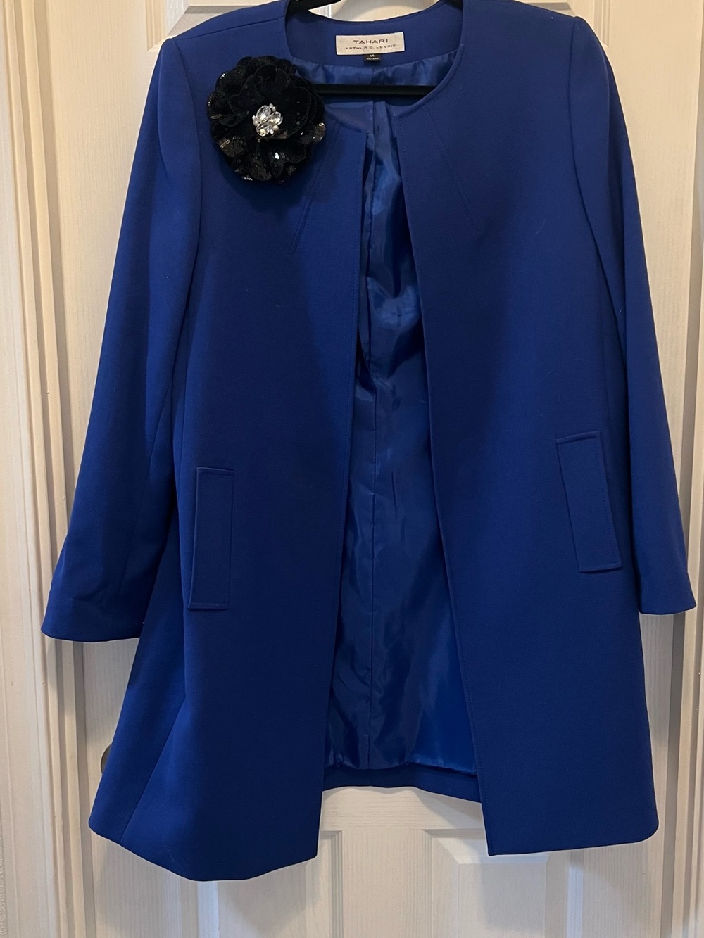 Tahari Cobalt Blue Open-Front Trench Coat with Decorative Brooch